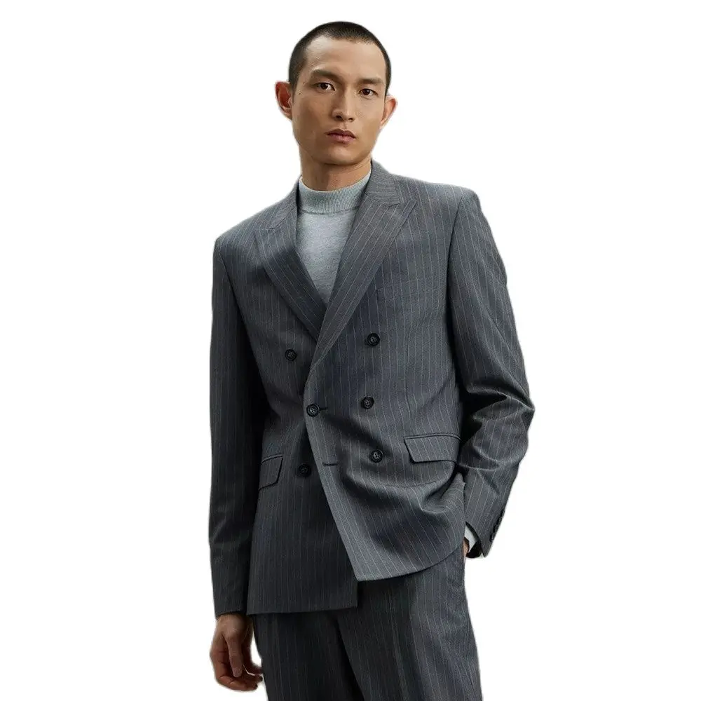 

2 Piece New Grey Men Peak Lapel Striped Suits Custom Made Double Breasted Bridegroom Costume Homme Wedding Wear Slim Custom Made