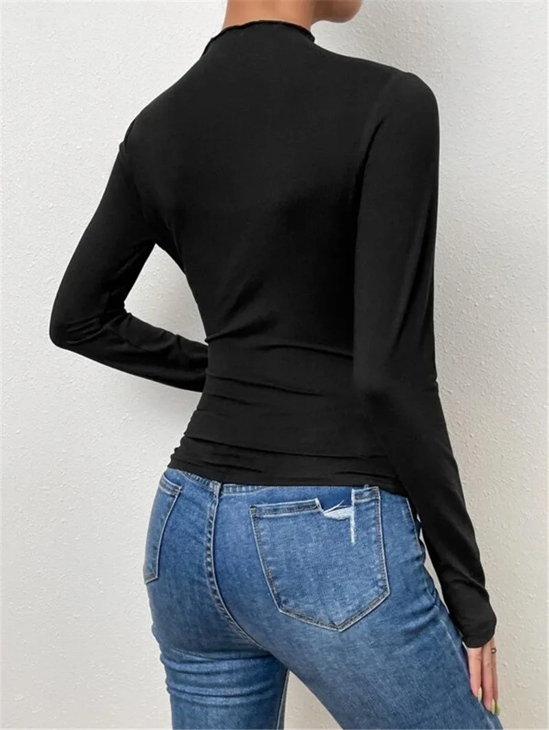 Solid Casual Pleated T-shirt For Women Patchwork Long Sleeve High Waist Inner Ruffled Crop top Ladies Vintage Y2k Top Tee