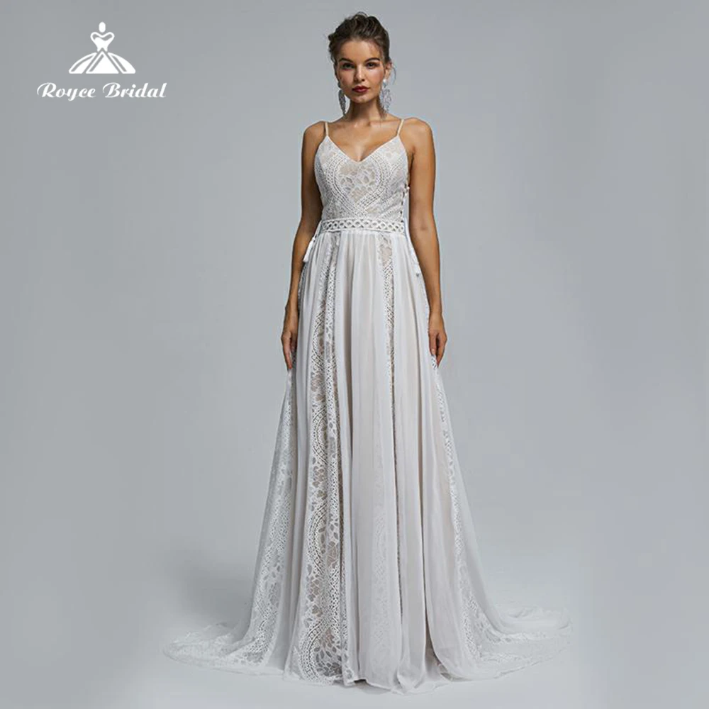 Boho Wedding Dress 2023 A Line Beach V Neck Spaghetti Straps Lace
