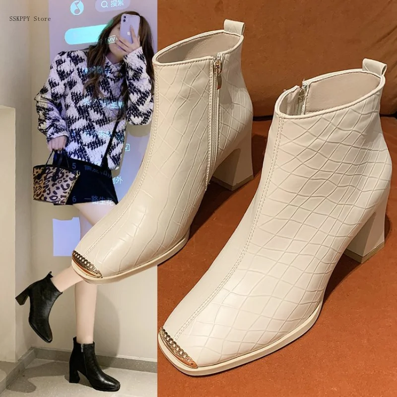 

High-heeled short Boots Women's 2022 Autumn and Winter New Fashion Rhombic Metal Square Toe Thick Heel Short Boots Women