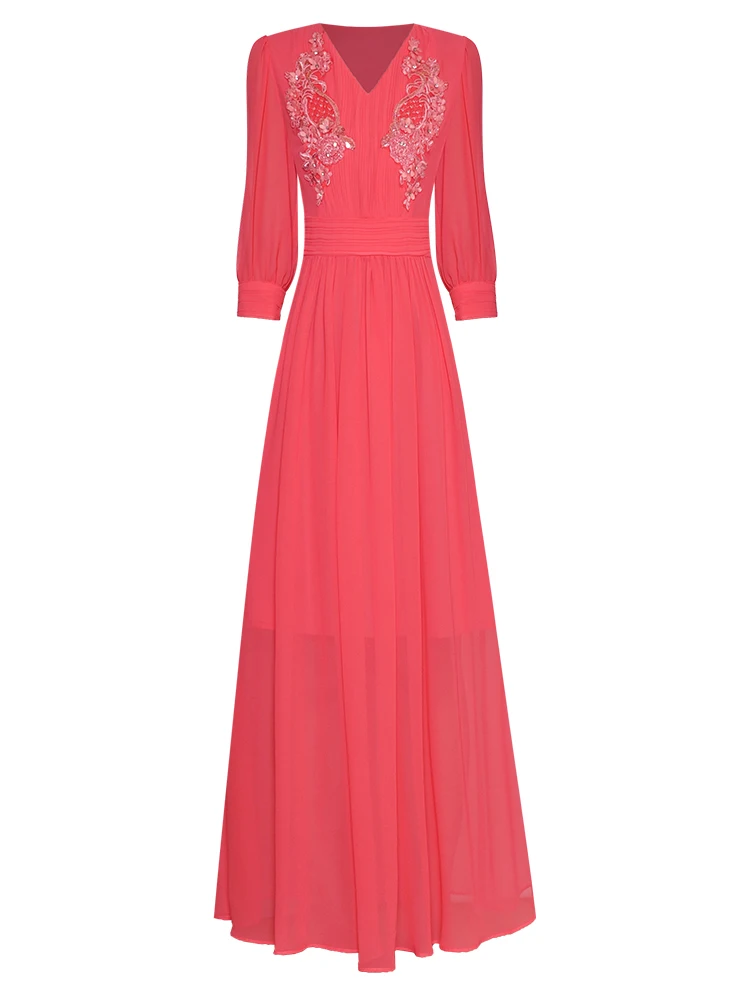 

Dress New High Quality Fashion Autumn Gorgeous Beading Red Elegant Luxury Party Sweet Runway Chic Girls Long Dresses For Women