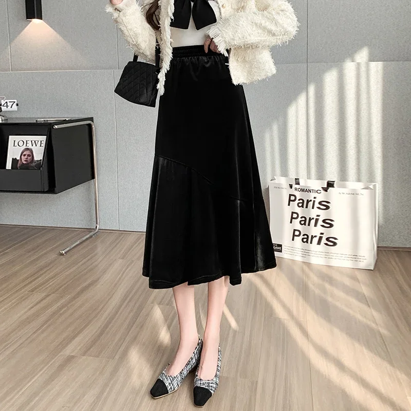 【fa.er.ie】romantic velvet midi skirt LONG VELVET SKIRT | Womens Red Velvet Midi Pencil Skirt