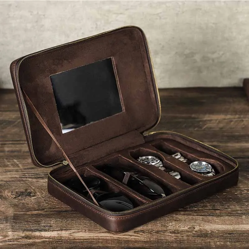 

Multifunctional Portable Leather Watch Organizers Zipper Bags Men Sunglasses Mechanical Wrist Watches Travel Storage Accessories