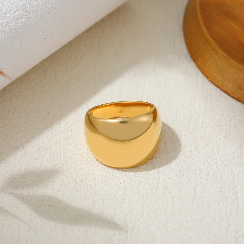 18K Gold Plated Glossy Wide Dome Knuckle Ring for Women Minimalist Waterproof Stainless Steel Rings Punk Vintage Jewelry Bijoux