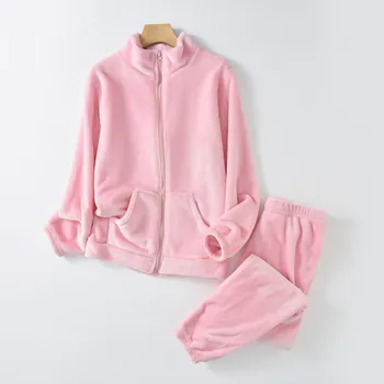 Women Autumn WInter Warm Flannel Pajama Suit Solid Color Long Sleeve Stand Collar Zipper Jackets+Pant Sets Sleepwear 2 Piece Set 1