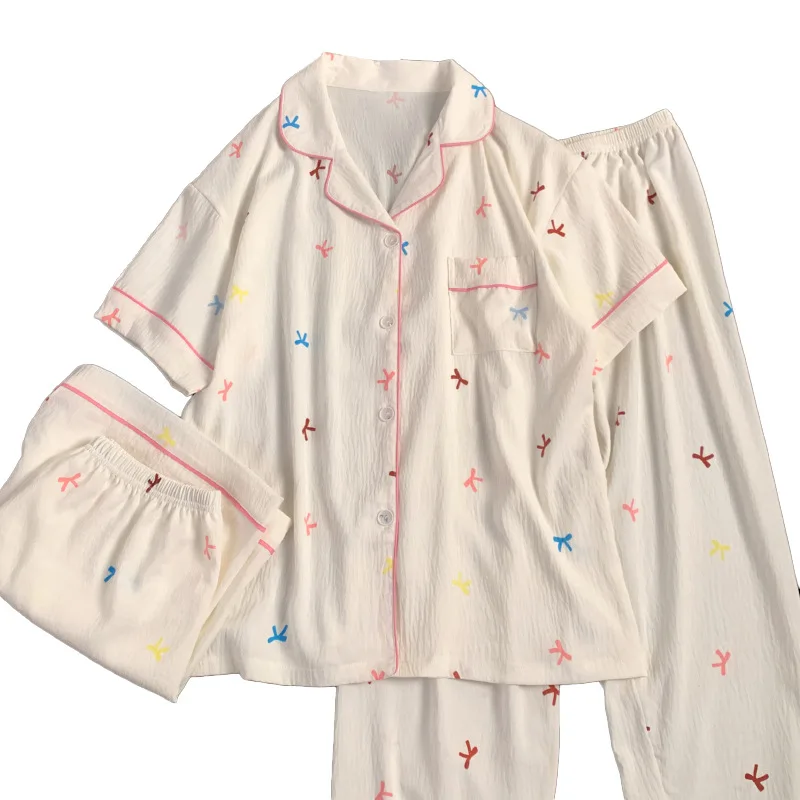 بيجامات نسائية قطنية من ثلاث قطع ، ملابس منزلية مط...