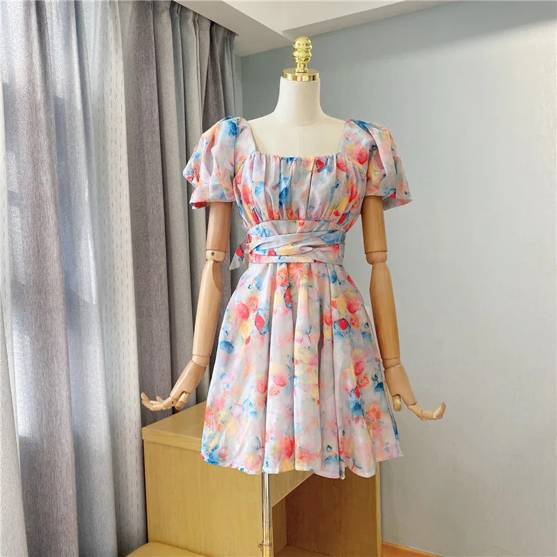 

2022 Princess Tie dye Colored Floral Print Organza Ball Gown Dress Puff Sleeve Women Swing Mini Dresses Fairy Robe Vestidos