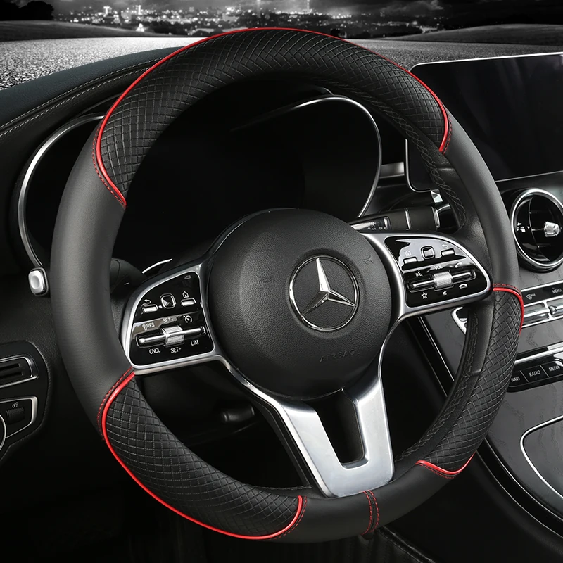 Full Leather Splicing Line Car Steering Wheel Cover Three-dimensional Non-slip Suitable for Car Decoration steering wheel cover