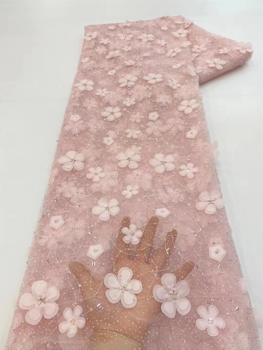 

2023African French Tulle Lace Fabric 5 Yards High Quality 3d Butterfly Lace Applique with Beaded Bridal Lace Fabric