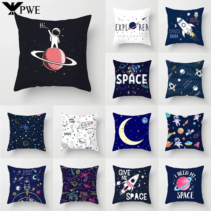 

Outer Space Cat Moon Cushion Cover Universe Sun Planet Spacecraft Throw Pillow Case Astronaut Rocket Home Decorative Pillowcases