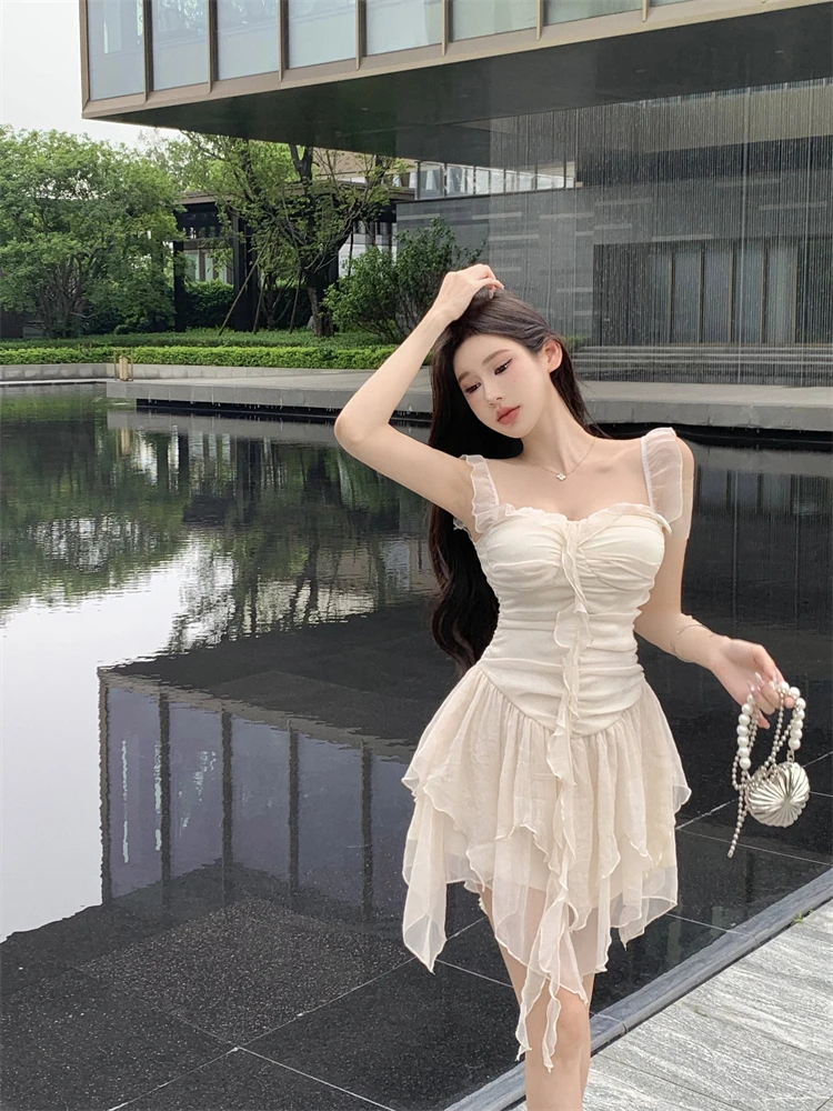 Y2K Irregular Ruffles Short Dresses for Women Spaghetti Strap High Waist A-line Summer New Korean Fashion One Piece Party Dress