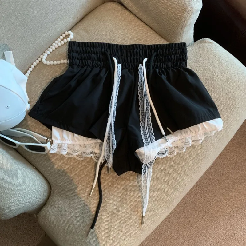 Fake Two Piece Lace Patchwork Skirts Shorts Y2k High Waist Sweet Lantern Shorts for Women 2026 Summer New Casual Short Pants