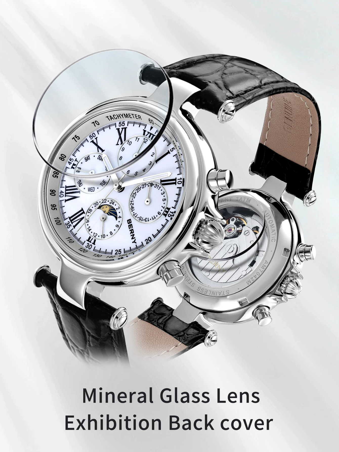 BERNY Orologio Automatico Uomo Meccanico - Quadrante Multi-funzione, Pelle, Impermeabile 3ATM