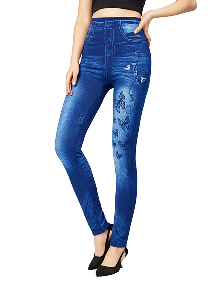 CUHAKCI Left Butterfly Print Women Faux Jeggings Sexy Slim Fit