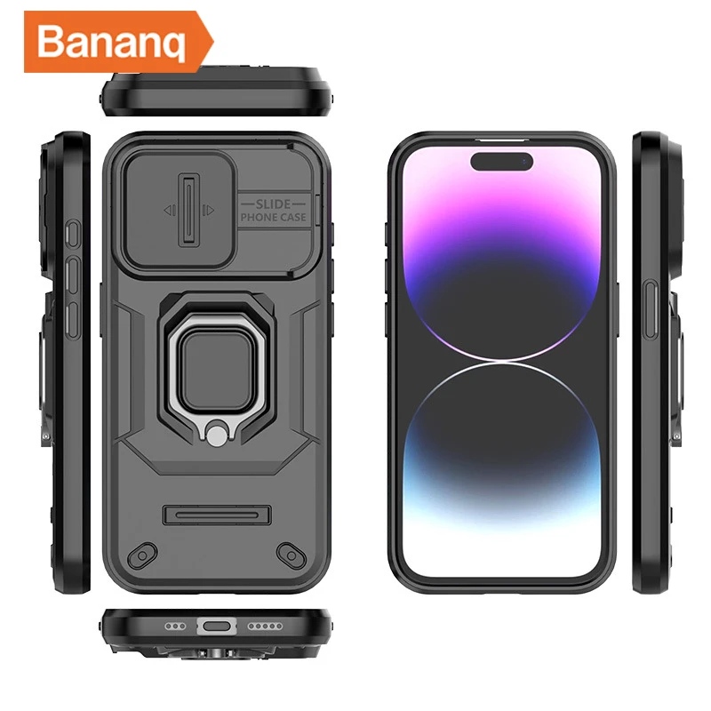 Bananq Slide Lens Camera Phone Case For iPhone 15 14 Plus 13 Pro Max Shockproof Magnetic Ring Stand Armor Back Cover_voghion.com