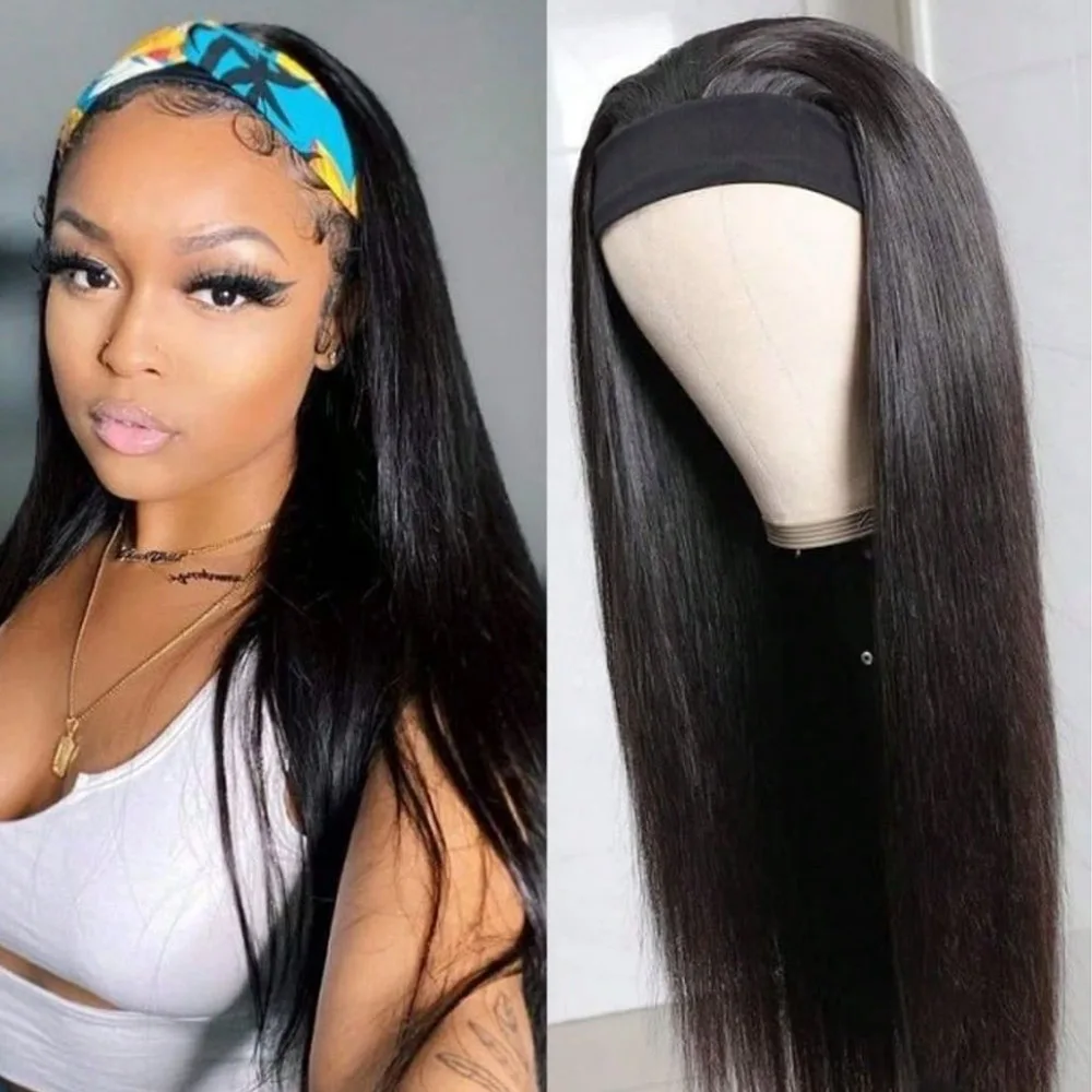 20 Inch 200% Density Headband Wig Human Hair Straight Headband Wigs for Black Women None Lace Front Human Hair Headband Wig