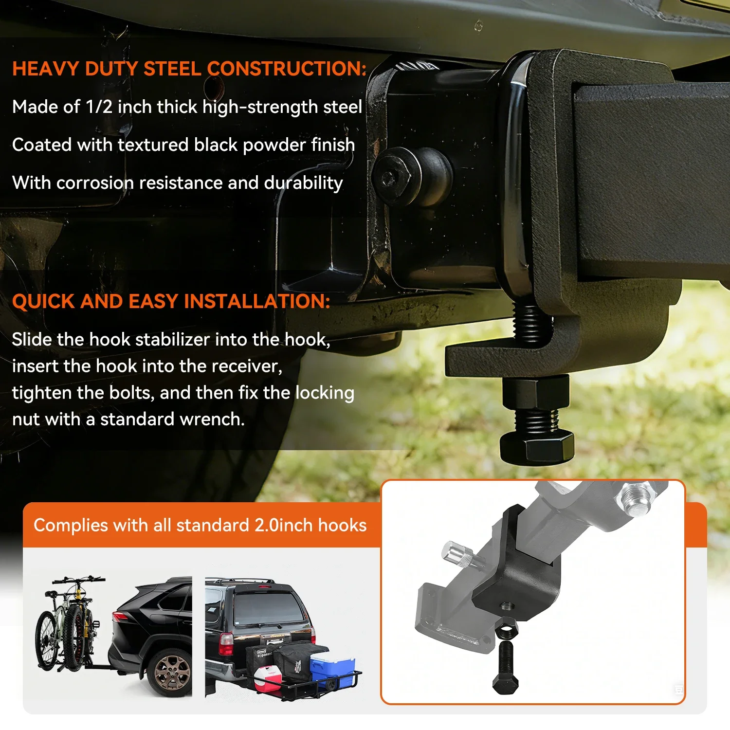2 Inch Anti Rattle Hitch Tightener Heavy Duty Steel Stabilizer, Corrosion Resistant Quick Install Anti-Wobble for 2" Hitches