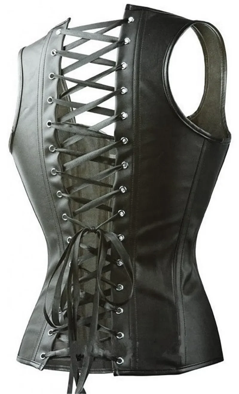 

Straps Caudatus Corset Gothic Studded Steampunk Buckle Black Corselet Top Bustier Woman Leather Zip Vest