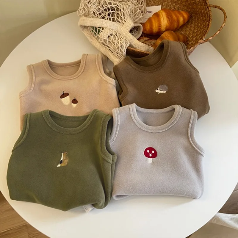 Baby Waistcoat Baby Velvet Autumn Jacket Boy Girls Sleeveless Vest Kids Soft Embroidery Waistcoat Newborn Warm Pullover Cartoon Solid Coat 0-3Y