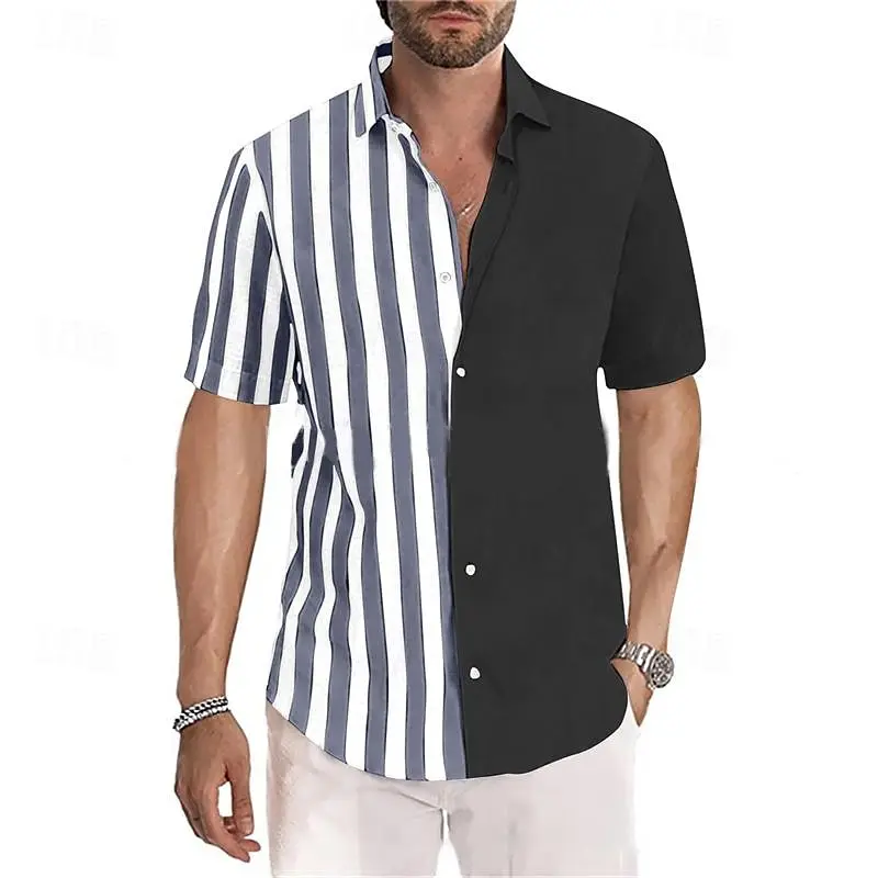 

Men's button-up T-shirt casual shirt colorful striped folding Hawaiian free patchwork clothing fashionable and comfortable