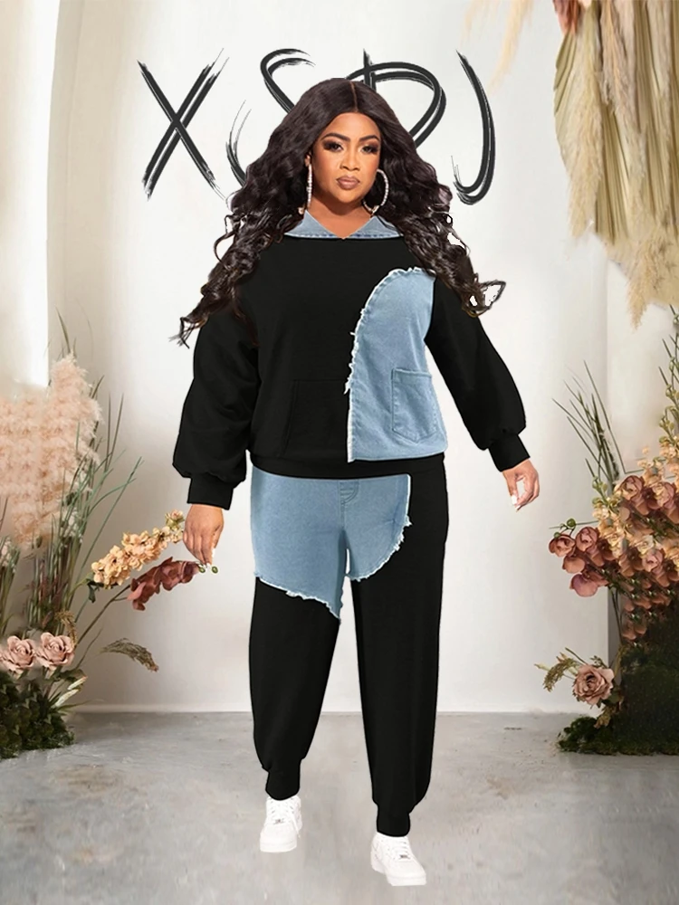 

Tracksuit Women Two Piece Set Long Sleeve Denim Patchkwork Hooded and Pants Plus Size Warm Sports Suits Wholesale Dropshipping
