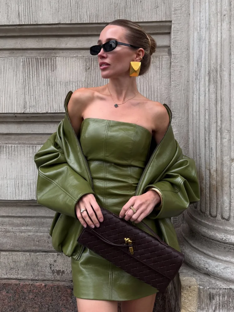 PU Leather Strapless Dresses Coat Women's Two Pieces Set Vintage Stand  Jackets Long Straight Skirts 2025 Autumn Street Outfits - AliExpress  200000345
