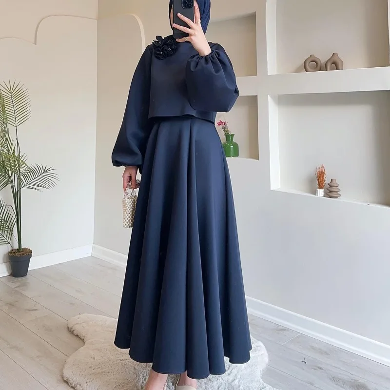 2024 New Islam Abaya Dress Flower Lantern Sleeves Loose Women's Dress Muslim Sets Two Piece Set for Middle East Dubai