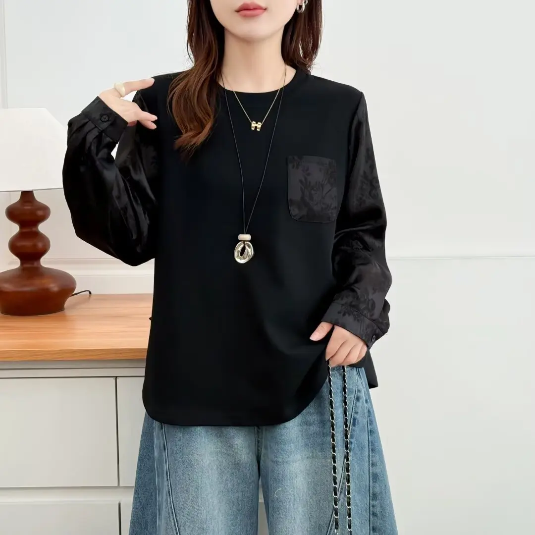 XXXXL Fashion Plus Size Women's T-Shirt 2025 Autumn New Chinese-style Satin Patchwork Long Sleeved Top 2566