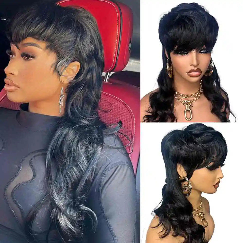 Natural Black Body Wave Full Machine Made Wigs For Black Women Glueless Dovetail Human Hair Mullet Wig Pixie Cut Glueless Wig