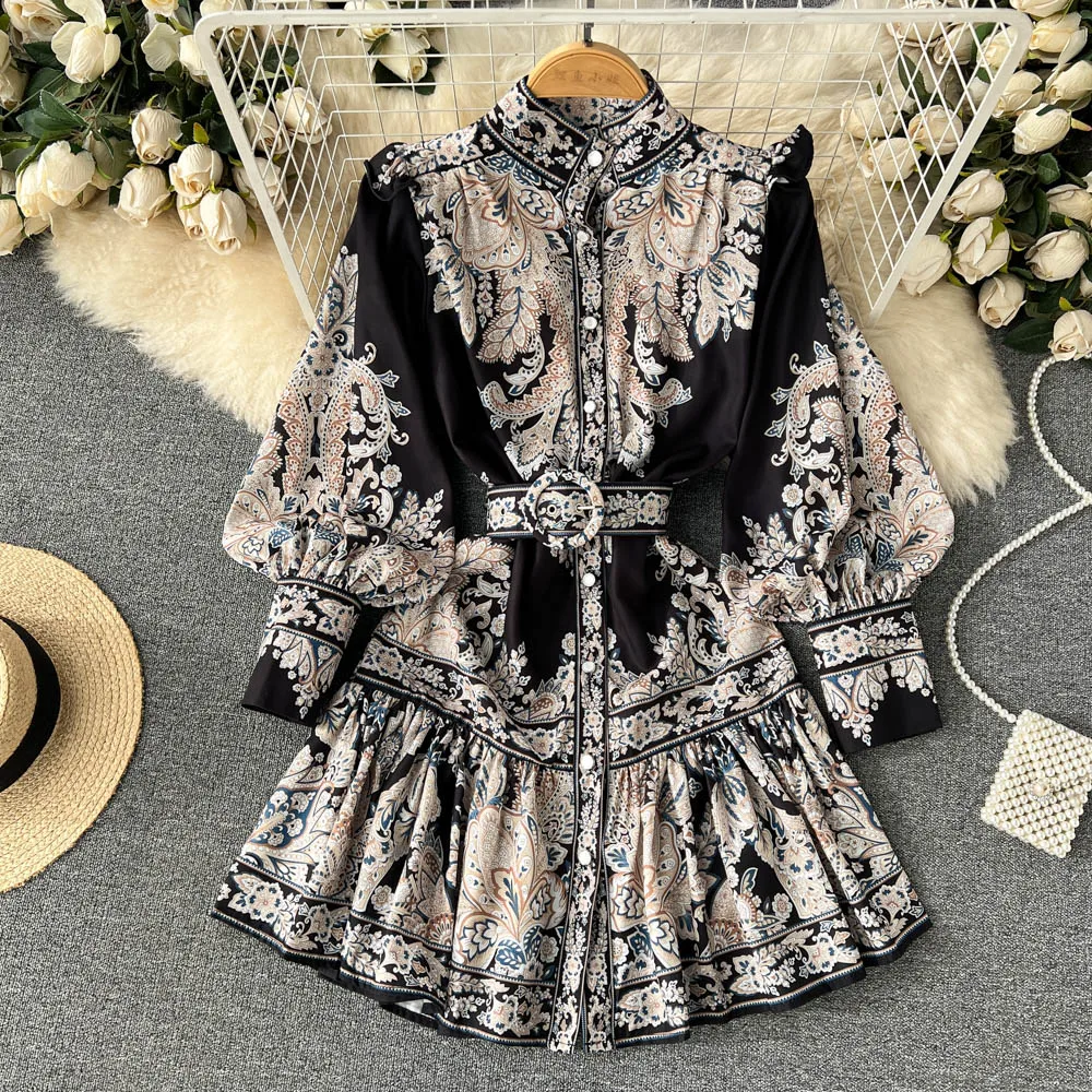 Autumn French Resort Court Style Mid-length Standing Collar Single-breasted Lantern Sleeves Waist Pleated Print Dress