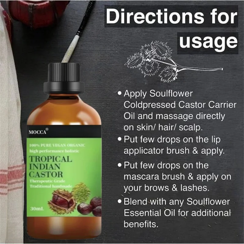 Pure Castor Oil Tropical Indian Coldpressed Organic - For Thicker Hair Volume, Eyelashes, Eyebrows, Bouncy Hair 2