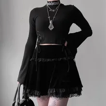 

Gothic Vintage Lace Velvet Emo Alt Skirt Fairy Grunge High Waist A Line Mini Skirt Goth Cross Embroidered Black Skirt