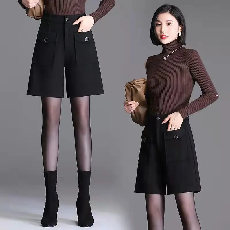 Autumn Winter New Street Casual High Waist Straight Shorts Solid Loose Pocket Wide Leg Shorts Vintage Fashion Women Clothing