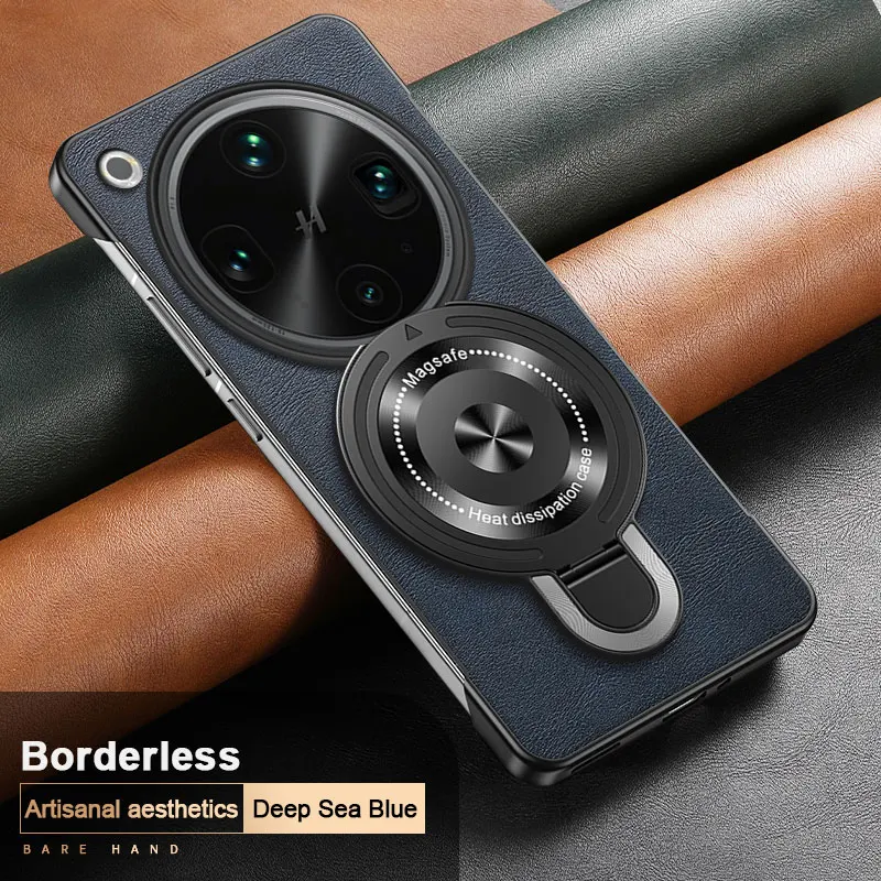 Magnetic Wireless Charging Shockproof Leather Case with Holder - Frameless Hard Shell