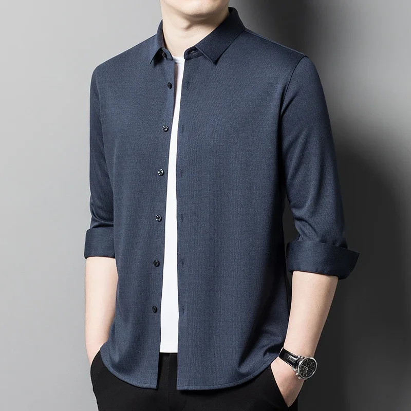 Seamless Wool Men's Dress Shirts Luxury Solid Color Long Sleeve Business Casual Single Breasted Male Shirts Plus Size 4XL
