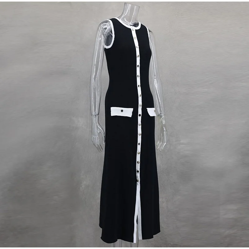Elegant Single Breasted Knitted Maxi Dress Women Fashion O Neck Sleeveless Fake Pockets Dresses New Lady High Street Robes