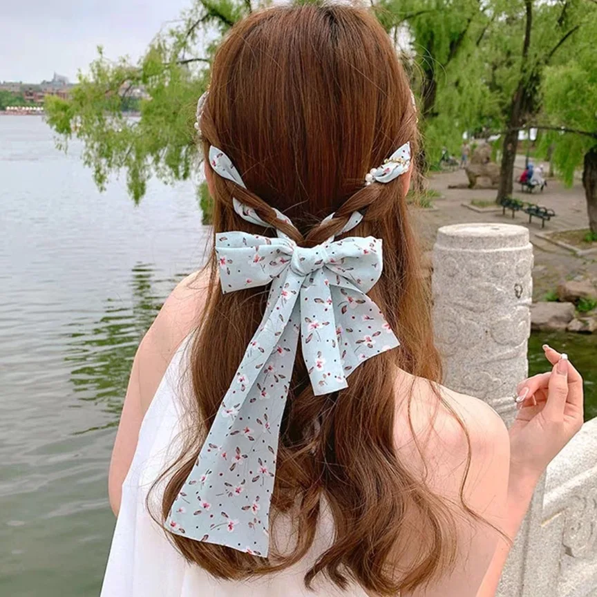 Elegant Pearl Hair Bands for Woman Fashion Long Ribbon Bow Girls Head Bands Pearl Braid Headbands Women Accessories scrunchie