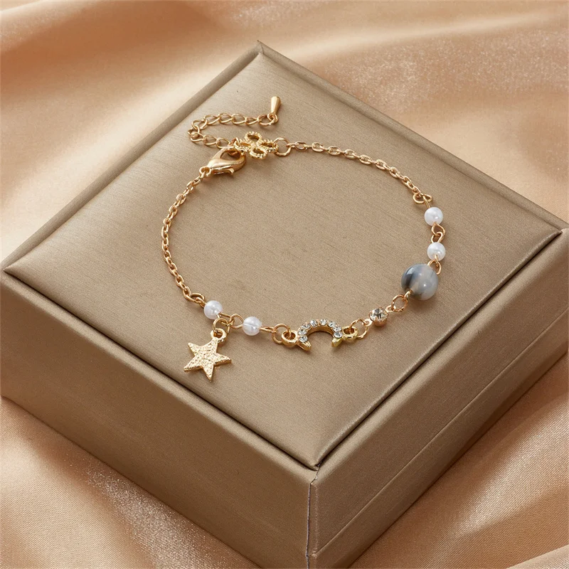 Korean Simple Star Moon Zircon Pearl Bracelet For Women Ladies Cute Elegant Exquisite Shiny Link Chain Bracelet Charm Jewelry bracelet jewelry