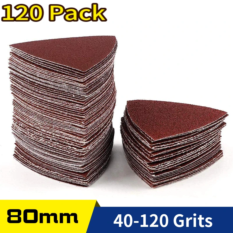 120Pcs 80*80MM Triangular Hook and Loop Multitool Sandpaper for Wood