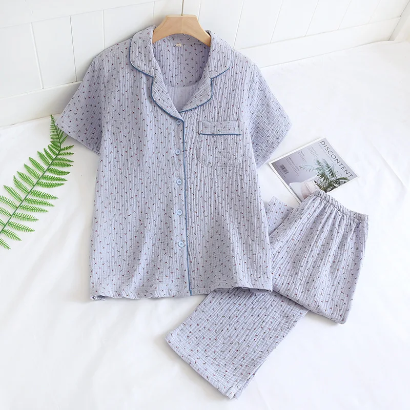 Women's Pajamas 100% Cotton Gauze Sleepwear Crepe Love Print Homewear 2 Piece Set Flowers Thin Loungewear Long Sleeve Pants