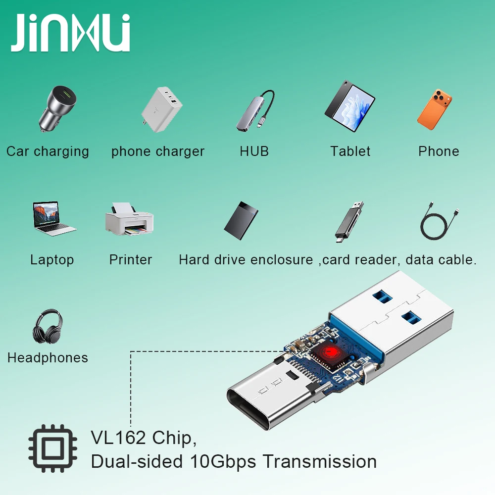 진무시 USB3.2 to 타입 C OTG 어댑터 3A 60W 고속 충전 양면 10Gbps 칩 USB-A(수) to 타입-C(암) 어댑터 변환기
