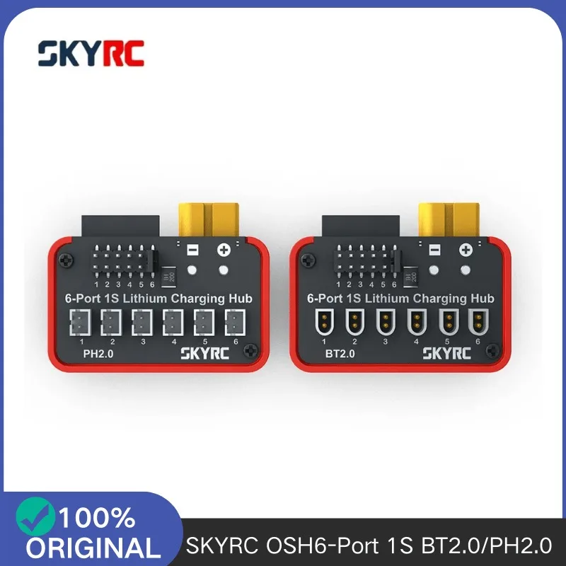 Hub de charge multiport SKYRC OSH 6 ports 1S branché à une alimentation, prêt à charger six batteries LiPo.