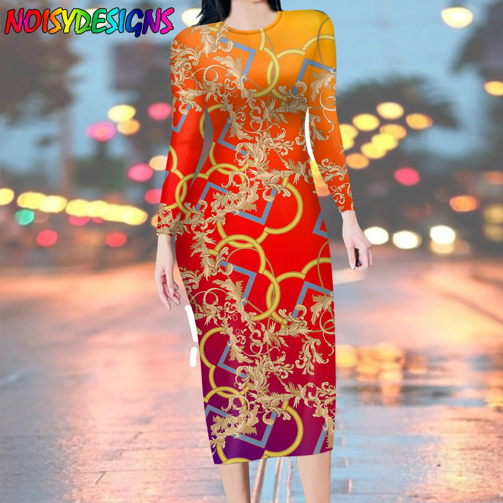 

NOISYDESIGNS Women Wrap Long Dress Floral Print O-neck Long Sleeve Elegante Luxury Golden Flower Printed Pencil Dresses Vestios