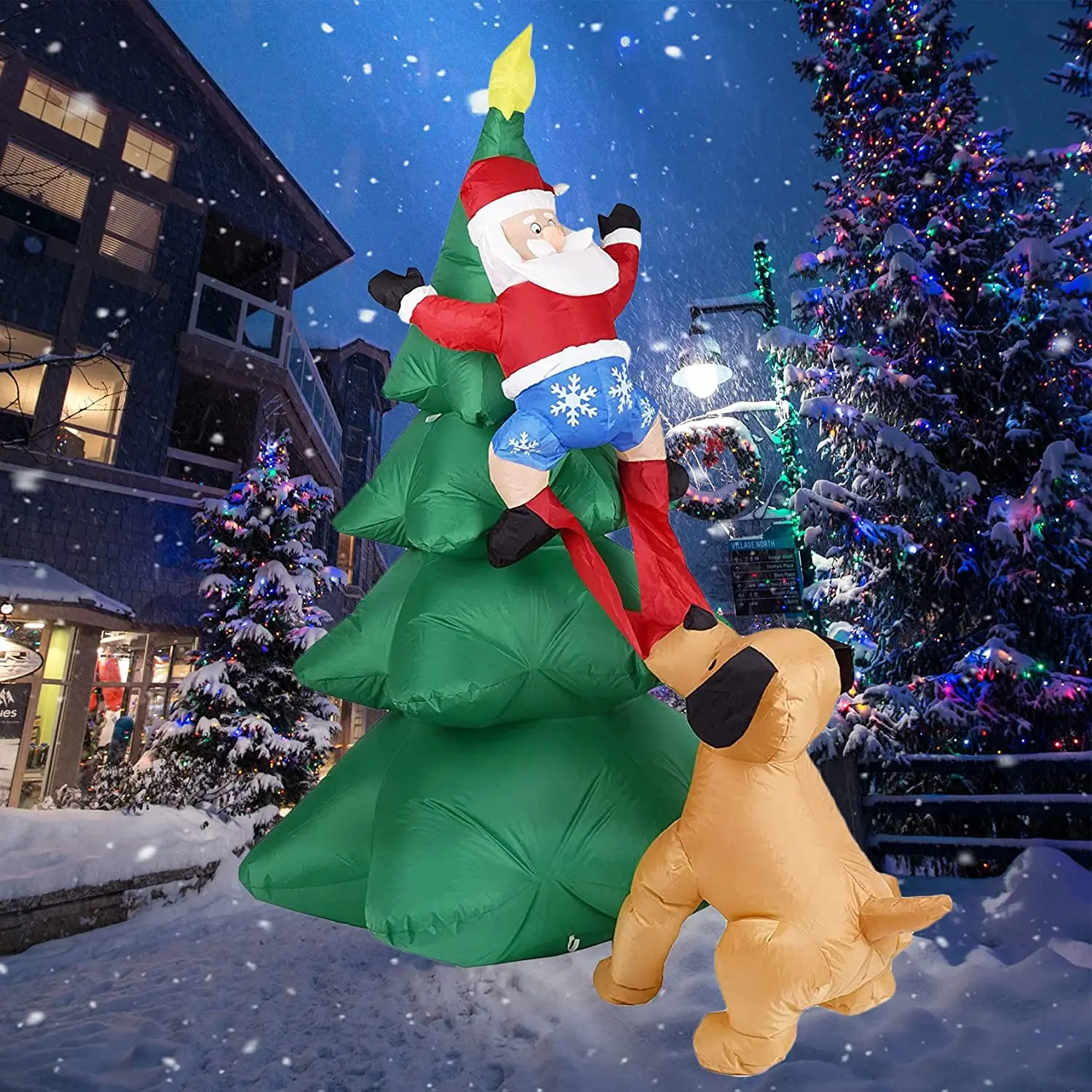 thumbnail image 1 of Papá Noel inflable navideño de 1,8 m y 6 pies que trepa al árbol perseguido por un perro, decoración para jardín y patio, decoración para exteriores, 1 of 4