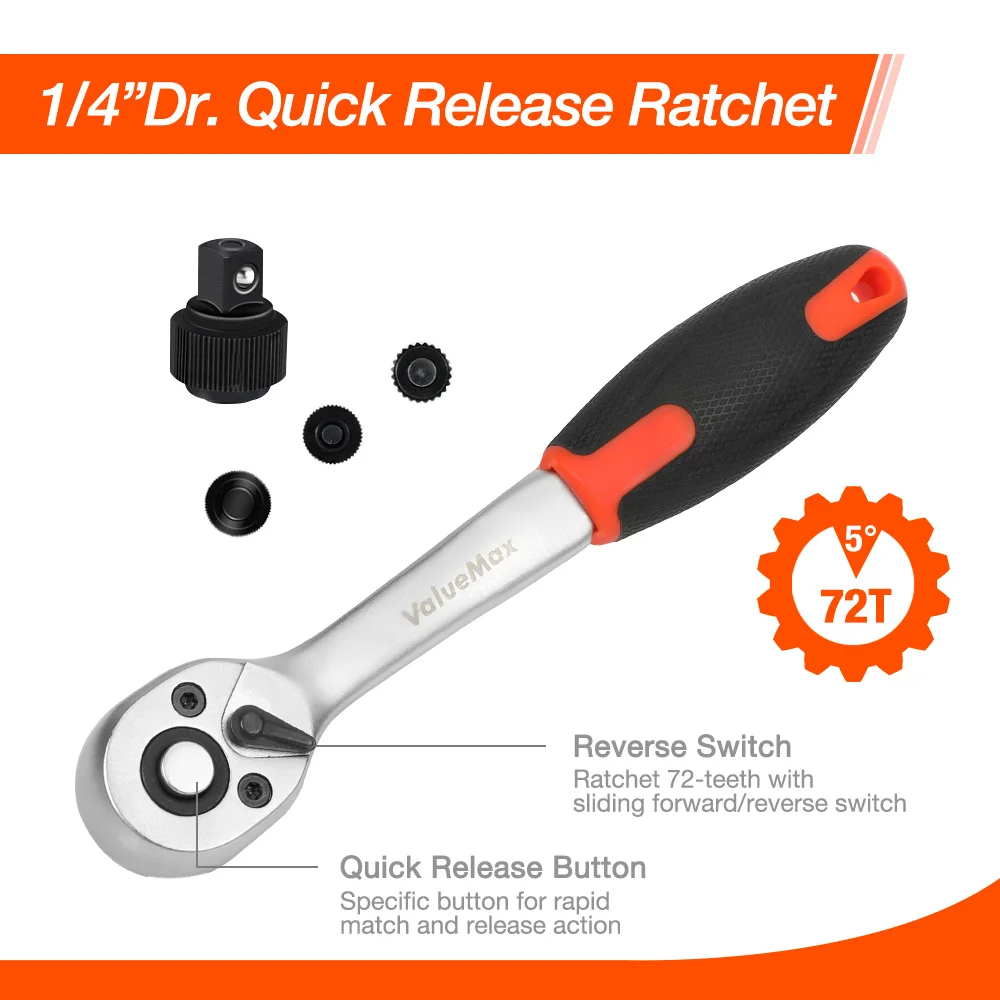 ValueMax 46pc Car Repair Tool Kit 1/4"Socket Wrench Set Repair Tools Box for Home Ratchet Screwdriver Bits