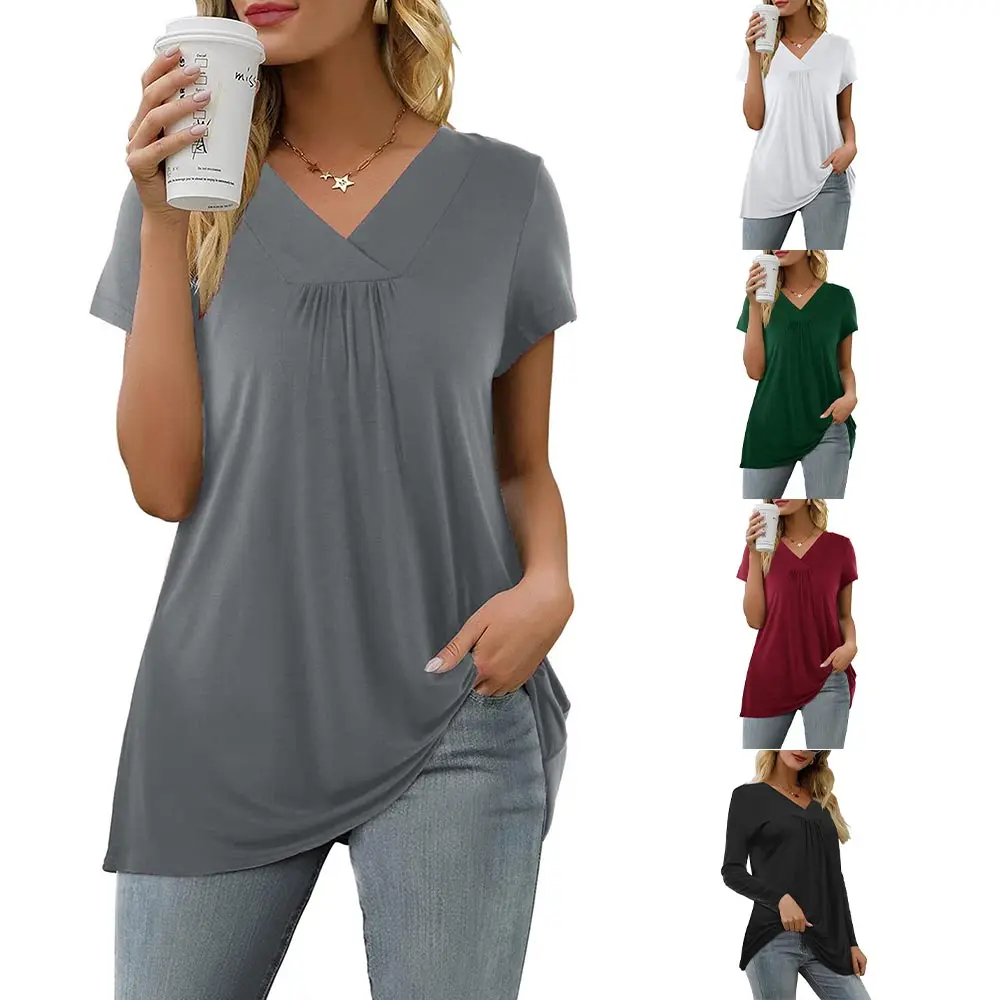 Damen Elegant Loose Fit Kurzarm Frühling T-Shirt V-Ausschnitt Casual Loose Basic Tunika Top Sommer Baumwollmischung Bluse Free87_voghion.com