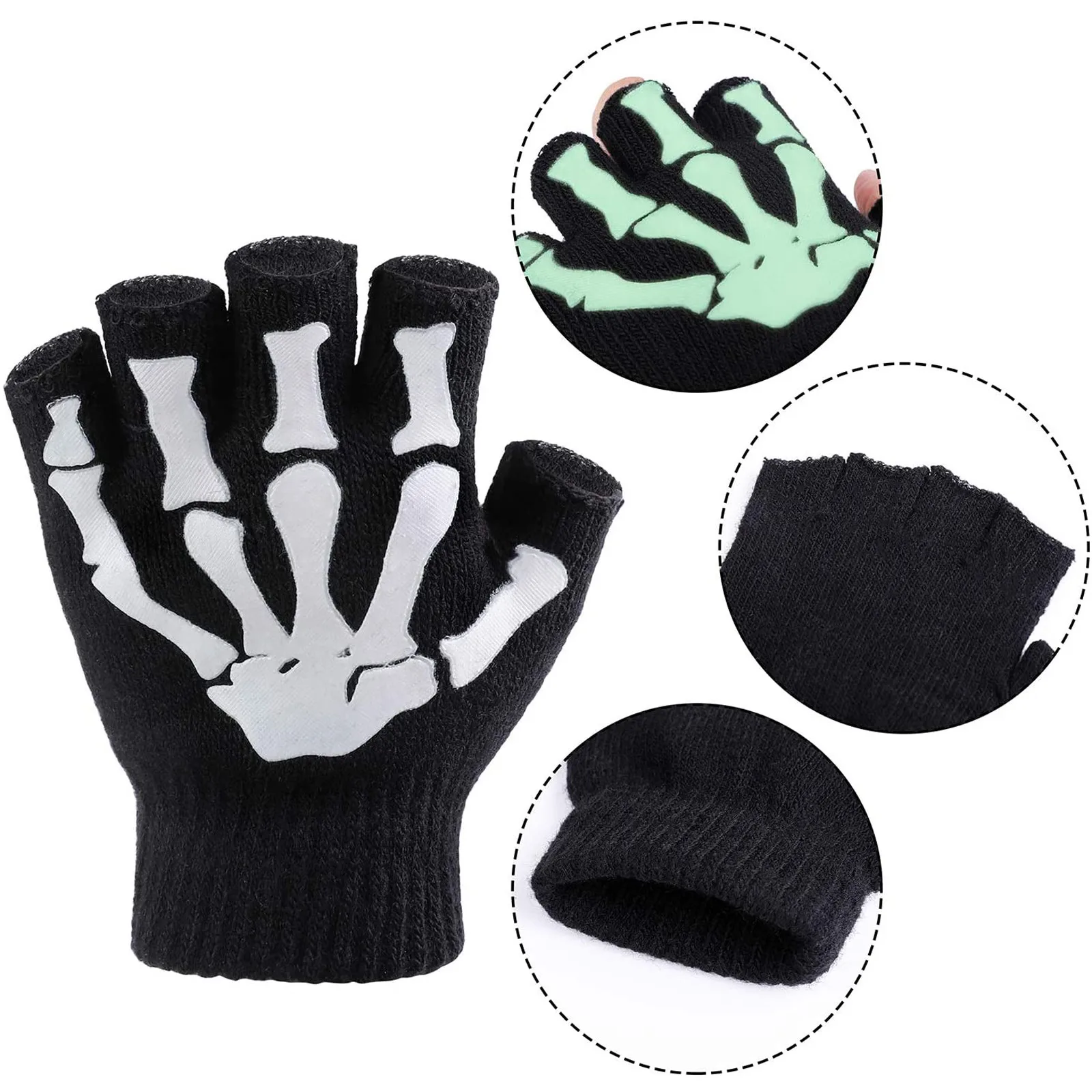 1/2/5 Pairs Halloween Skeleton Skull Luminous Gloves For Kids Punk Style Half Finger Gloves Dark In Warm Mittens перчатки