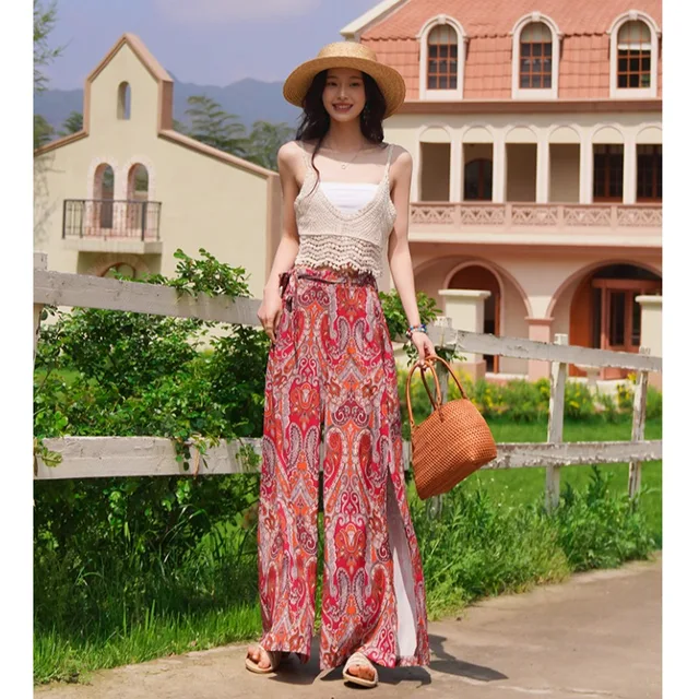 운남 Xishuangbanna 태국 휴가 여행 착용 여성 의류 조끼 투피스 세트 민족 스타일 프린트 넓은 다리 바지