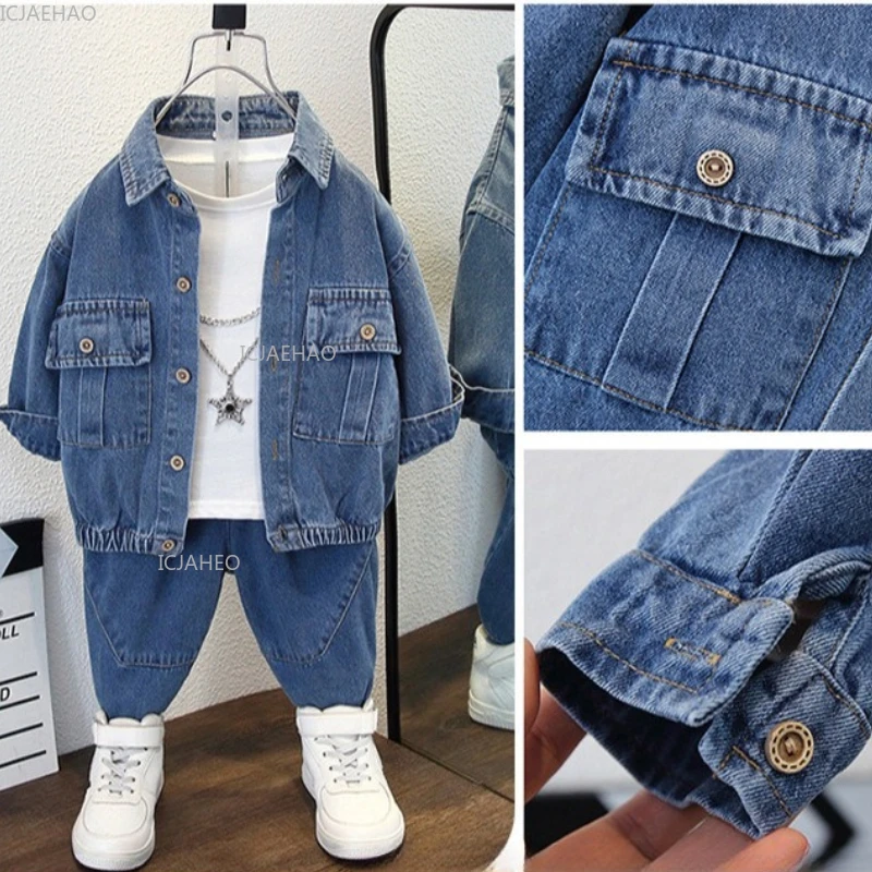 Boys Denim Set 2 Piece Clothes Kids Trendy Cotton Jacket Pants Suits Outfit Casual Wear Children Clothing Spring Autumn Costume - 2