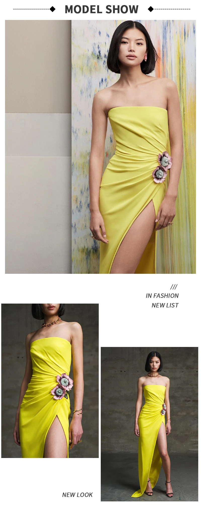 PB2025, Neue Sommer Gelb Lange Kleider Blume Liebsten Hohe Schlitz Bühne Leistung Party Kleid Backless Abendkleid Vestidos – Detail 4